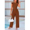 imagePRETTYGARDEN Summer Jumpsuits for Women Dressy 2025 Fashion Ruffle Cap Sleeve Romper Crew Neck Rib Knit One Piece OutfitsCoffee