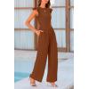 imagePRETTYGARDEN Summer Jumpsuits for Women Dressy 2025 Fashion Ruffle Cap Sleeve Romper Crew Neck Rib Knit One Piece OutfitsCoffee