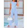 imagePRETTYGARDEN Summer Jumpsuits for Women Dressy 2025 Fashion Ruffle Cap Sleeve Romper Crew Neck Rib Knit One Piece OutfitsLight Blue