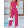 imagePRETTYGARDEN Summer Jumpsuits for Women Dressy 2025 Fashion Ruffle Cap Sleeve Romper Crew Neck Rib Knit One Piece OutfitsRose Red