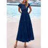 imagePRETTYGARDEN Wedding Guest Dresses for Women 2025 Summer Floral Cap Sleeve Smocked A Line Long Elegant Party Boho DressNavy