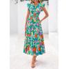 imagePRETTYGARDEN Womens 2025 Summer Floral Midi Dress Cap Sleeve V Neck Ruffle Long Flowy Boho Casual Beach Vacation DressesFloral Green Orange