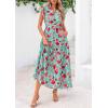 imagePRETTYGARDEN Womens 2025 Summer Floral Midi Dress Cap Sleeve V Neck Ruffle Long Flowy Boho Casual Beach Vacation DressesFloral Green Red