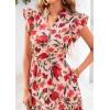 imagePRETTYGARDEN Womens 2025 Summer Floral Midi Dress Cap Sleeve V Neck Ruffle Long Flowy Boho Casual Beach Vacation DressesFloral Orange Pink Red