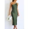 imagePRETTYGARDEN Womens Midi Satin Dress One Shoulder Spaghetti Strap Backless Ruched Summer Bodycon DressesArmy Green