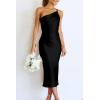 imagePRETTYGARDEN Womens Midi Satin Dress One Shoulder Spaghetti Strap Backless Ruched Summer Bodycon DressesBlack