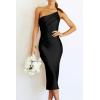 imagePRETTYGARDEN Womens Midi Satin Dress One Shoulder Spaghetti Strap Backless Ruched Summer Bodycon DressesBlack