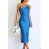 imagePRETTYGARDEN Womens Midi Satin Dress One Shoulder Spaghetti Strap Backless Ruched Summer Bodycon DressesBlue