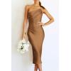 imagePRETTYGARDEN Womens Midi Satin Dress One Shoulder Spaghetti Strap Backless Ruched Summer Bodycon DressesBrown