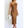 imagePRETTYGARDEN Womens Midi Satin Dress One Shoulder Spaghetti Strap Backless Ruched Summer Bodycon DressesBrown