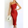 imagePRETTYGARDEN Womens Midi Satin Dress One Shoulder Spaghetti Strap Backless Ruched Summer Bodycon DressesRed