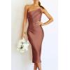 imagePRETTYGARDEN Womens Midi Satin Dress One Shoulder Spaghetti Strap Backless Ruched Summer Bodycon DressesRed Brown