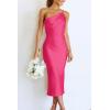 imagePRETTYGARDEN Womens Midi Satin Dress One Shoulder Spaghetti Strap Backless Ruched Summer Bodycon DressesRose Red