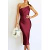 imagePRETTYGARDEN Womens Midi Satin Dress One Shoulder Spaghetti Strap Backless Ruched Summer Bodycon DressesWine Red