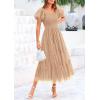 imagePRETTYGARDEN Womens Smocked Midi Tulle Dress 2025 Summer Puffy Short Sleeve Square Neck Ruffle Wedding Guest Party DressesApricot