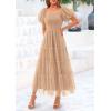 imagePRETTYGARDEN Womens Smocked Midi Tulle Dress 2025 Summer Puffy Short Sleeve Square Neck Ruffle Wedding Guest Party DressesApricot