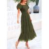 imagePRETTYGARDEN Womens Smocked Midi Tulle Dress 2025 Summer Puffy Short Sleeve Square Neck Ruffle Wedding Guest Party DressesArmy Green