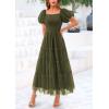 imagePRETTYGARDEN Womens Smocked Midi Tulle Dress 2025 Summer Puffy Short Sleeve Square Neck Ruffle Wedding Guest Party DressesArmy Green