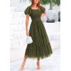 imagePRETTYGARDEN Womens Smocked Midi Tulle Dress 2025 Summer Puffy Short Sleeve Square Neck Ruffle Wedding Guest Party DressesArmy Green