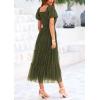 imagePRETTYGARDEN Womens Smocked Midi Tulle Dress 2025 Summer Puffy Short Sleeve Square Neck Ruffle Wedding Guest Party DressesArmy Green
