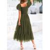 imagePRETTYGARDEN Womens Smocked Midi Tulle Dress 2025 Summer Puffy Short Sleeve Square Neck Ruffle Wedding Guest Party DressesArmy Green