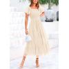 imagePRETTYGARDEN Womens Smocked Midi Tulle Dress 2025 Summer Puffy Short Sleeve Square Neck Ruffle Wedding Guest Party DressesBeige