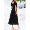 imagePRETTYGARDEN Womens Smocked Midi Tulle Dress 2025 Summer Puffy Short Sleeve Square Neck Ruffle Wedding Guest Party DressesBlack