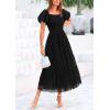 imagePRETTYGARDEN Womens Smocked Midi Tulle Dress 2025 Summer Puffy Short Sleeve Square Neck Ruffle Wedding Guest Party DressesBlack