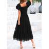 imagePRETTYGARDEN Womens Smocked Midi Tulle Dress 2025 Summer Puffy Short Sleeve Square Neck Ruffle Wedding Guest Party DressesBlack
