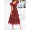 imagePRETTYGARDEN Womens Smocked Midi Tulle Dress 2025 Summer Puffy Short Sleeve Square Neck Ruffle Wedding Guest Party DressesBrick Red