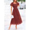 imagePRETTYGARDEN Womens Smocked Midi Tulle Dress 2025 Summer Puffy Short Sleeve Square Neck Ruffle Wedding Guest Party DressesBrick Red
