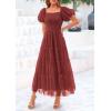 imagePRETTYGARDEN Womens Smocked Midi Tulle Dress 2025 Summer Puffy Short Sleeve Square Neck Ruffle Wedding Guest Party DressesBrick Red