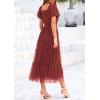 imagePRETTYGARDEN Womens Smocked Midi Tulle Dress 2025 Summer Puffy Short Sleeve Square Neck Ruffle Wedding Guest Party DressesBrick Red