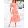 imagePRETTYGARDEN Womens Smocked Midi Tulle Dress 2025 Summer Puffy Short Sleeve Square Neck Ruffle Wedding Guest Party DressesCoral Pink