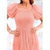 imagePRETTYGARDEN Womens Smocked Midi Tulle Dress 2025 Summer Puffy Short Sleeve Square Neck Ruffle Wedding Guest Party DressesCoral Pink