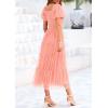 imagePRETTYGARDEN Womens Smocked Midi Tulle Dress 2025 Summer Puffy Short Sleeve Square Neck Ruffle Wedding Guest Party DressesCoral Pink