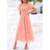 imagePRETTYGARDEN Womens Smocked Midi Tulle Dress 2025 Summer Puffy Short Sleeve Square Neck Ruffle Wedding Guest Party DressesCoral Pink
