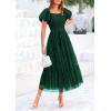 imagePRETTYGARDEN Womens Smocked Midi Tulle Dress 2025 Summer Puffy Short Sleeve Square Neck Ruffle Wedding Guest Party DressesDark Green