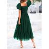 imagePRETTYGARDEN Womens Smocked Midi Tulle Dress 2025 Summer Puffy Short Sleeve Square Neck Ruffle Wedding Guest Party DressesDark Green