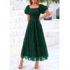 imagePRETTYGARDEN Womens Smocked Midi Tulle Dress 2025 Summer Puffy Short Sleeve Square Neck Ruffle Wedding Guest Party DressesDark Green