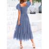 imagePRETTYGARDEN Womens Smocked Midi Tulle Dress 2025 Summer Puffy Short Sleeve Square Neck Ruffle Wedding Guest Party DressesGrey Blue