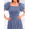 imagePRETTYGARDEN Womens Smocked Midi Tulle Dress 2025 Summer Puffy Short Sleeve Square Neck Ruffle Wedding Guest Party DressesGrey Blue