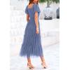 imagePRETTYGARDEN Womens Smocked Midi Tulle Dress 2025 Summer Puffy Short Sleeve Square Neck Ruffle Wedding Guest Party DressesGrey Blue