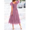 imagePRETTYGARDEN Womens Smocked Midi Tulle Dress 2025 Summer Puffy Short Sleeve Square Neck Ruffle Wedding Guest Party DressesGrey Purple