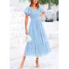 imagePRETTYGARDEN Womens Smocked Midi Tulle Dress 2025 Summer Puffy Short Sleeve Square Neck Ruffle Wedding Guest Party DressesLight Blue