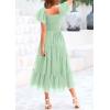 imagePRETTYGARDEN Womens Smocked Midi Tulle Dress 2025 Summer Puffy Short Sleeve Square Neck Ruffle Wedding Guest Party DressesLight Green