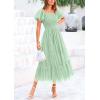 imagePRETTYGARDEN Womens Smocked Midi Tulle Dress 2025 Summer Puffy Short Sleeve Square Neck Ruffle Wedding Guest Party DressesLight Green