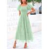 imagePRETTYGARDEN Womens Smocked Midi Tulle Dress 2025 Summer Puffy Short Sleeve Square Neck Ruffle Wedding Guest Party DressesLight Green