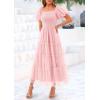 imagePRETTYGARDEN Womens Smocked Midi Tulle Dress 2025 Summer Puffy Short Sleeve Square Neck Ruffle Wedding Guest Party DressesLight Pink