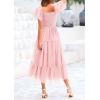 imagePRETTYGARDEN Womens Smocked Midi Tulle Dress 2025 Summer Puffy Short Sleeve Square Neck Ruffle Wedding Guest Party DressesLight Pink